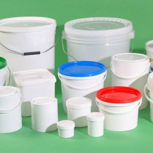 Plastic buckets, cans and jars